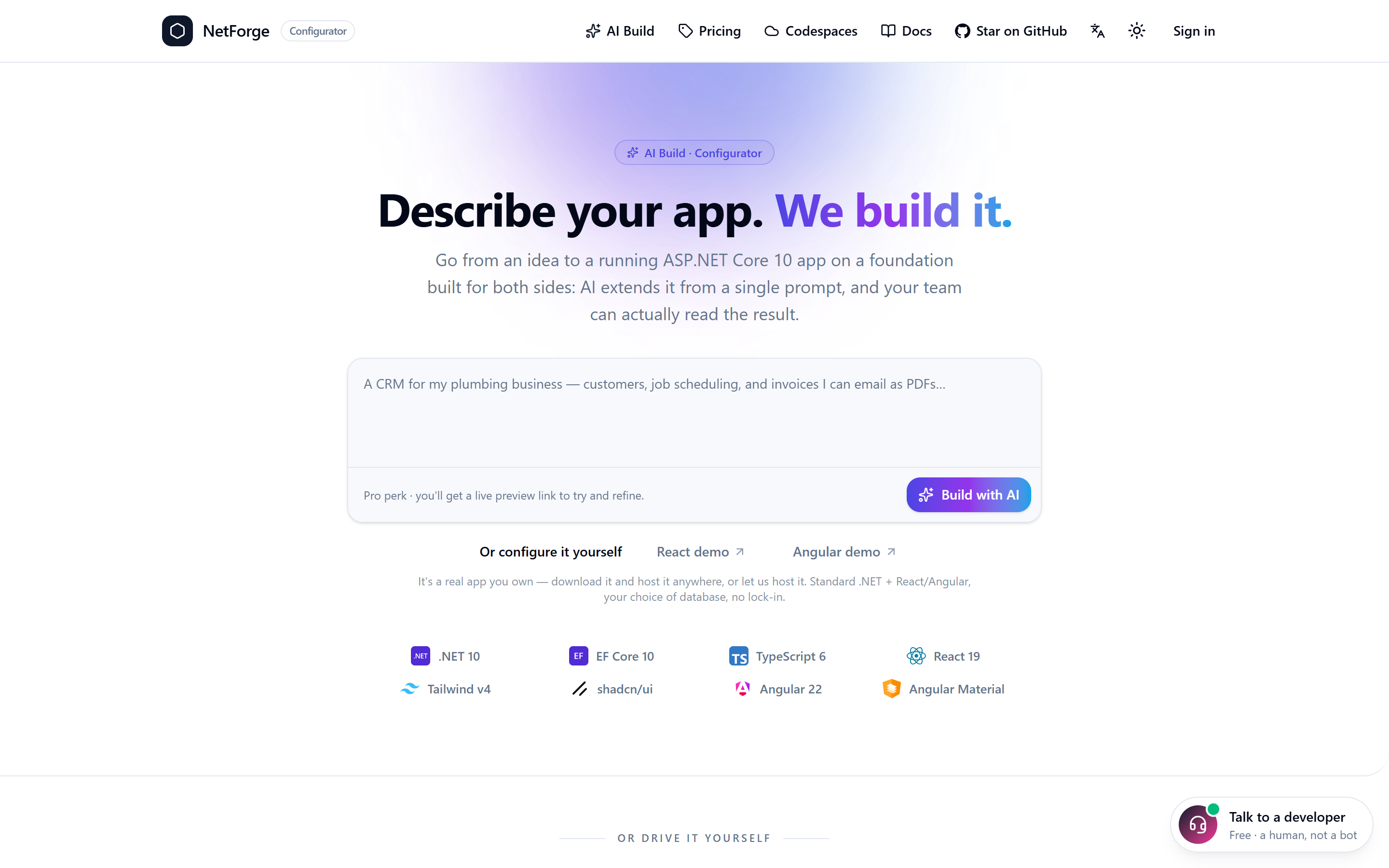 The online configurator — describe your app for an AI build, or configure the edition yourself