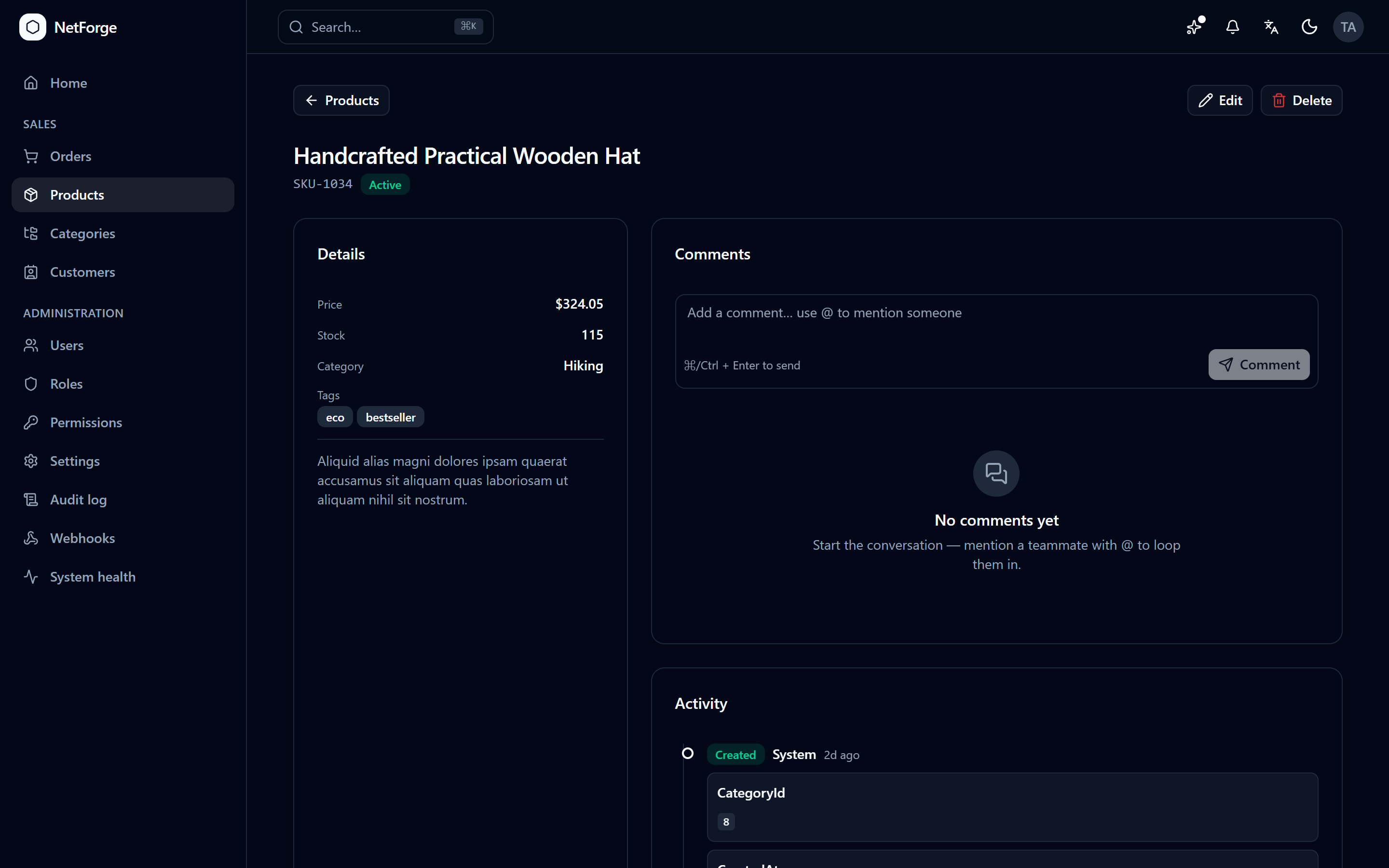 Product detail with activity timeline and comments