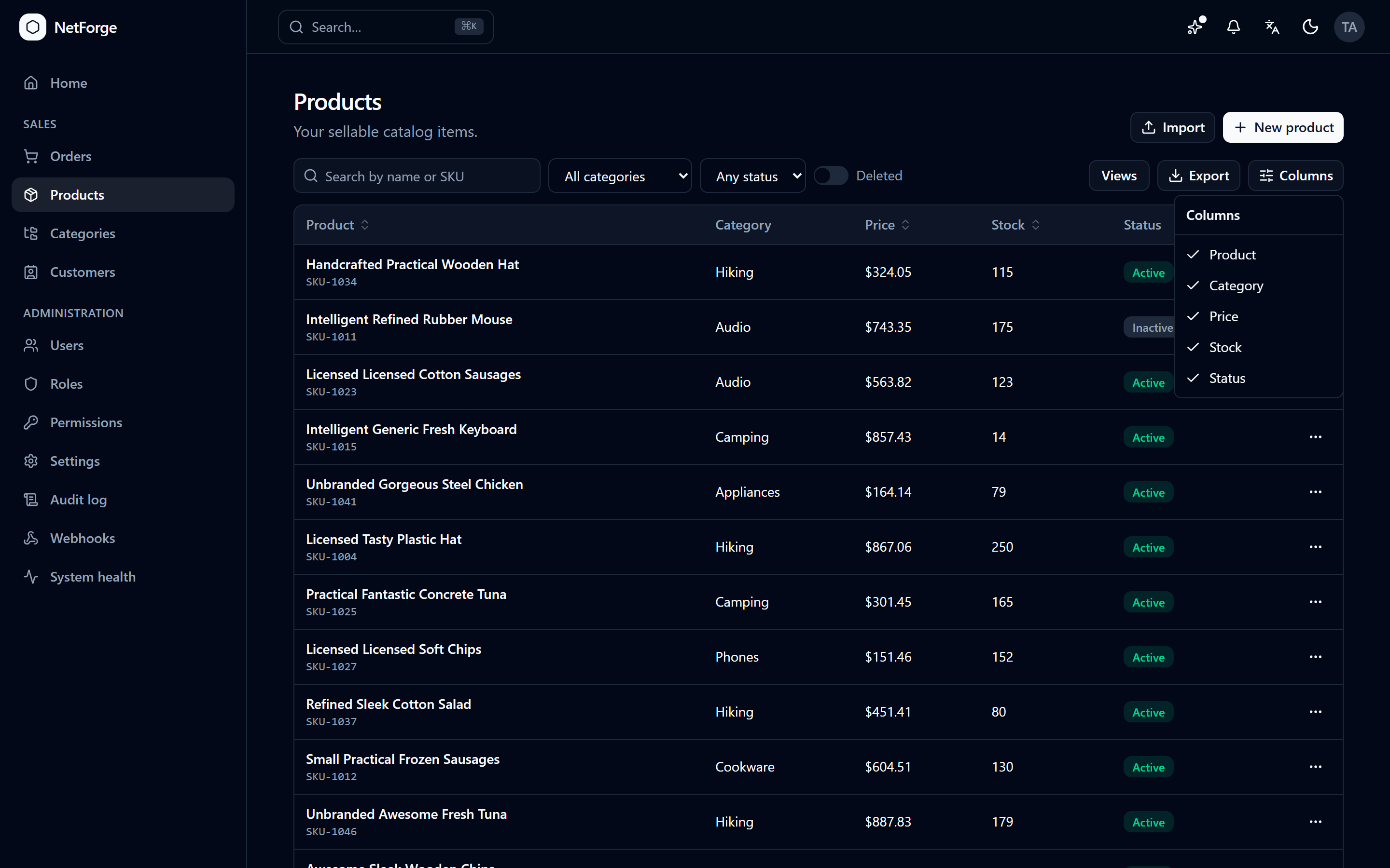 Product list with the DataGrid